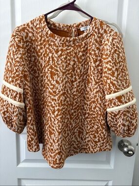 Voy Women's Burnt Orange & Cream Textured Puff-Sleeve Top